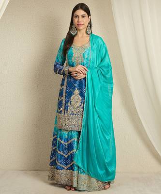 Turquoise and Navy Blue Ombre Sharara Set with Intricate Gold Threadwork 1