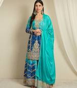 Turquoise and Navy Blue Ombre Sharara Set with Intricate Gold Threadwork