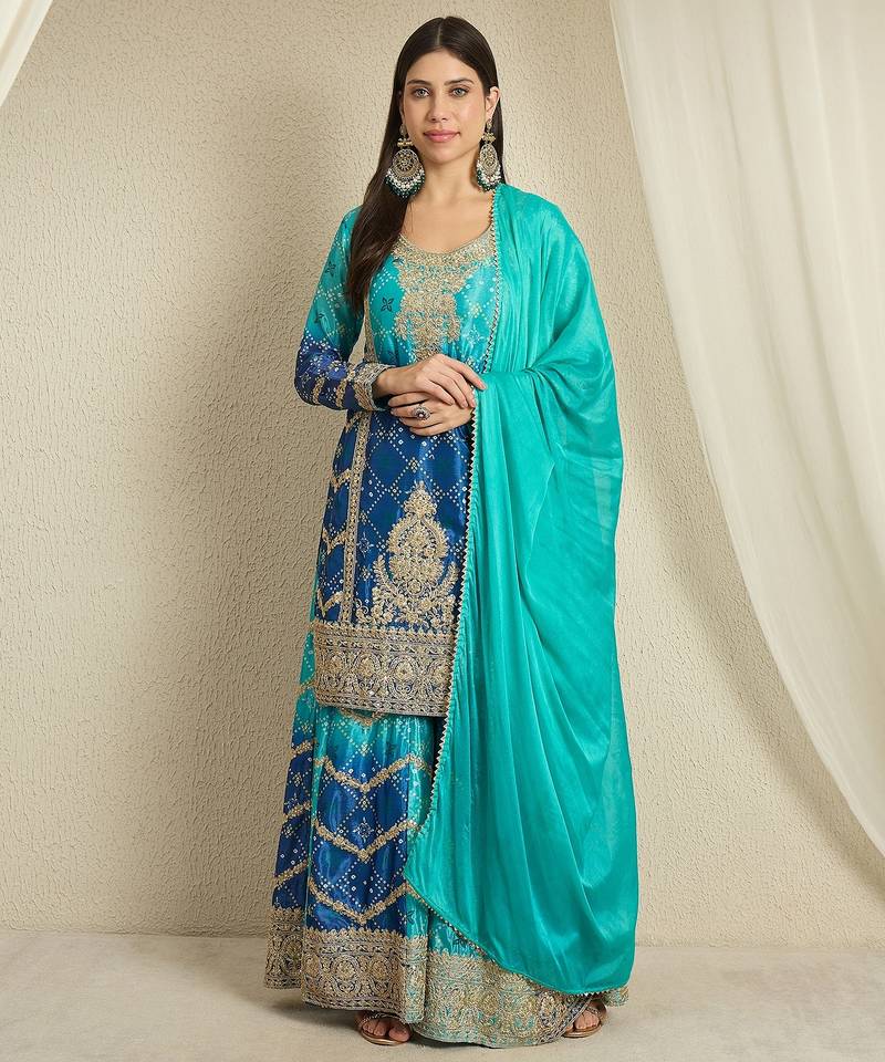 Turquoise and Navy Blue Ombre Sharara Set with Intricate Gold Threadwork