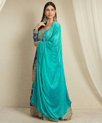 Turquoise and Navy Blue Ombre Sharara Set with Intricate Gold Threadwork 3