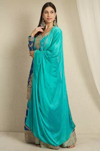 Turquoise and Navy Blue Ombre Sharara Set with Intricate Gold Threadwork