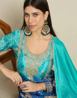 Turquoise and Navy Blue Ombre Sharara Set with Intricate Gold Threadwork 4