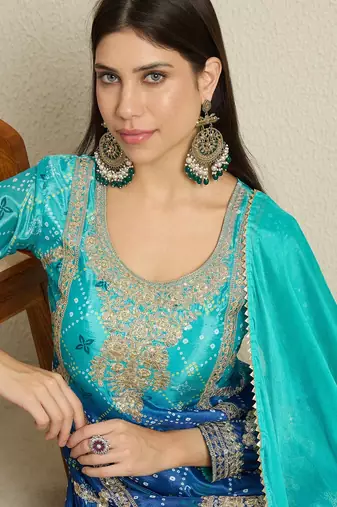 Turquoise and Navy Blue Ombre Sharara Set with Intricate Gold Threadwork