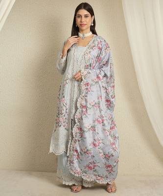Pastel Blue Floral Palazzo Set with Scalloped Lace Border and Sheer Dupatta 1