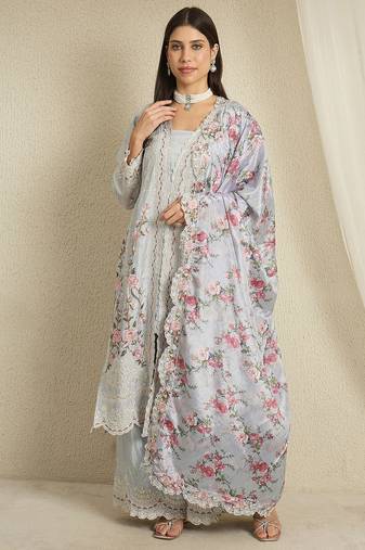Pastel Blue Floral Palazzo Set with Scalloped Lace Border and Sheer Dupatta