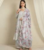 Pastel Blue Floral Palazzo Set with Scalloped Lace Border and Sheer Dupatta