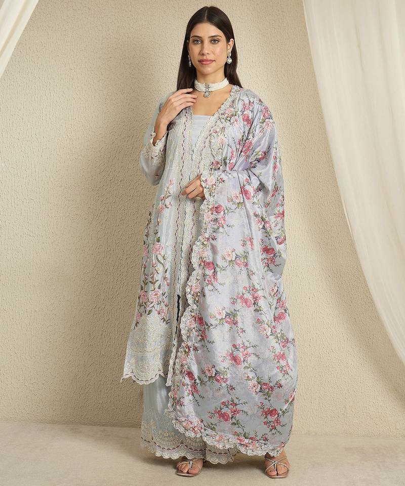 Pastel Blue Floral Palazzo Set with Scalloped Lace Border and Sheer Dupatta