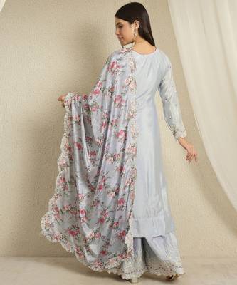 Pastel Blue Floral Palazzo Set with Scalloped Lace Border and Sheer Dupatta 2