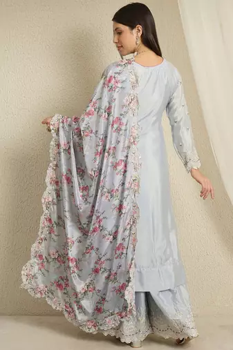 Pastel Blue Floral Palazzo Set with Scalloped Lace Border and Sheer Dupatta