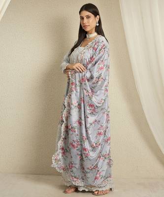 Pastel Blue Floral Palazzo Set with Scalloped Lace Border and Sheer Dupatta 3