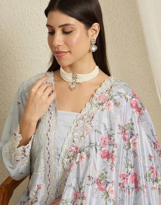 Pastel Blue Floral Palazzo Set with Scalloped Lace Border and Sheer Dupatta 4