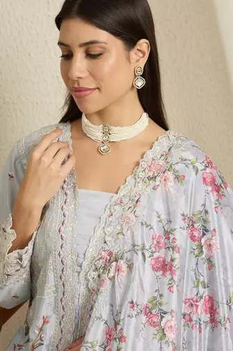 Pastel Blue Floral Palazzo Set with Scalloped Lace Border and Sheer Dupatta