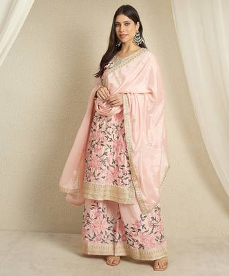 Blush Pink Floral Sharara Suit in Silk with Botanical Embroidery & Gold Trim 1