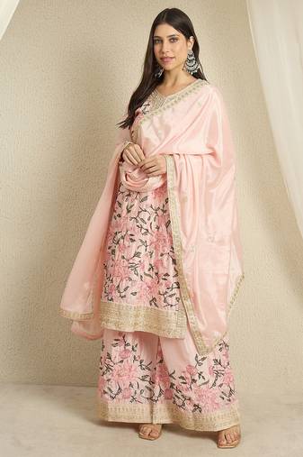 Blush Pink Floral Sharara Suit in Silk with Botanical Embroidery & Gold Trim