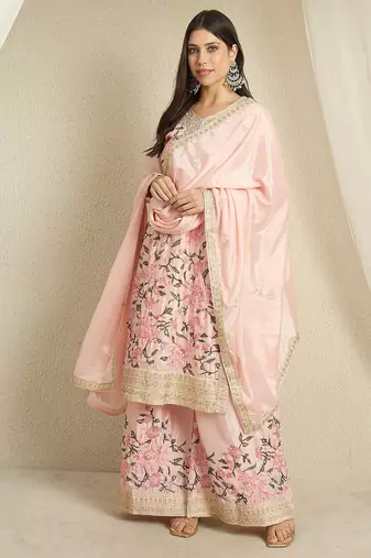 Blush Pink Floral Sharara Suit in Silk with Botanical Embroidery & Gold Trim