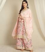 Blush Pink Floral Sharara Suit in Silk with Botanical Embroidery & Gold Trim