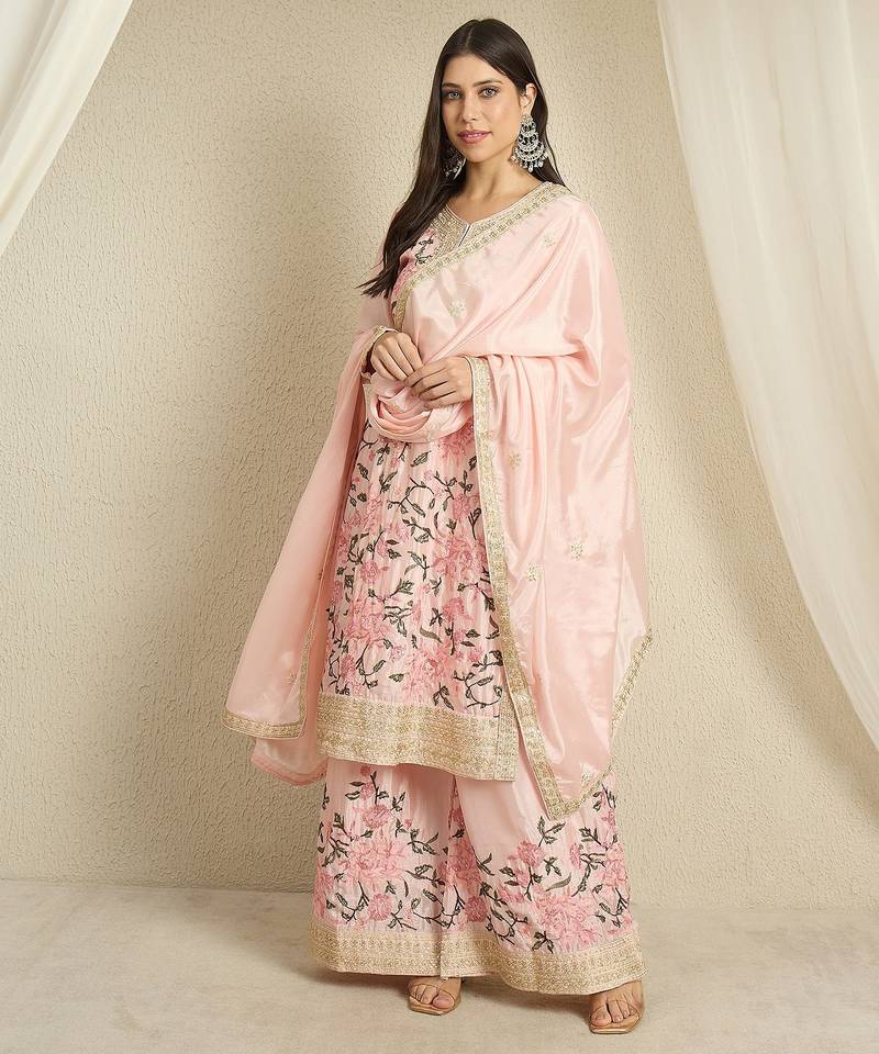Blush Pink Floral Sharara Suit in Silk with Botanical Embroidery & Gold Trim