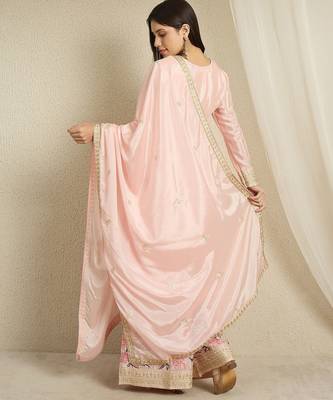 Blush Pink Floral Sharara Suit in Silk with Botanical Embroidery & Gold Trim 2