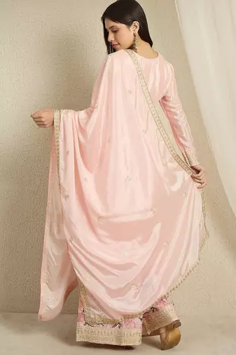 Blush Pink Floral Sharara Suit in Silk with Botanical Embroidery & Gold Trim