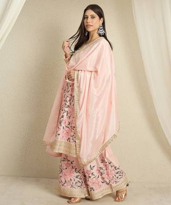 Blush Pink Floral Sharara Suit in Silk with Botanical Embroidery & Gold Trim 3