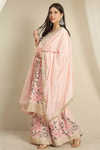 Blush Pink Floral Sharara Suit in Silk with Botanical Embroidery & Gold Trim