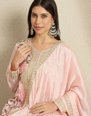 Blush Pink Floral Sharara Suit in Silk with Botanical Embroidery & Gold Trim 4