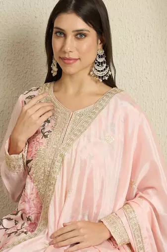 Blush Pink Floral Sharara Suit in Silk with Botanical Embroidery & Gold Trim