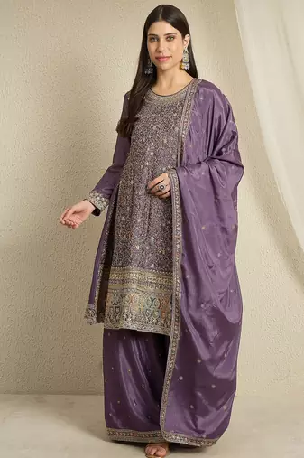 Regal Purple Silk Suit with Gold Zari Embroidery and Wide-Leg palazzo