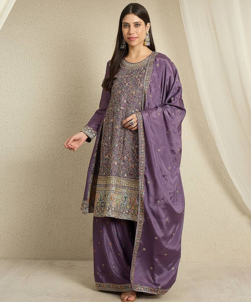 Regal Purple Silk Suit with Gold Zari Embroidery and Wide-Leg palazzo