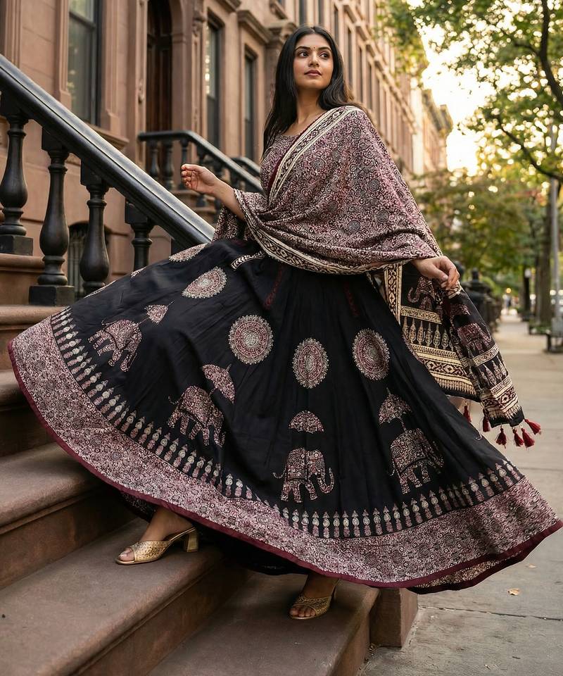 black rayon printed lehenga choli
