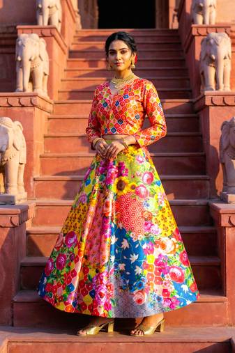 multicolor satin lehenga choli with digital print