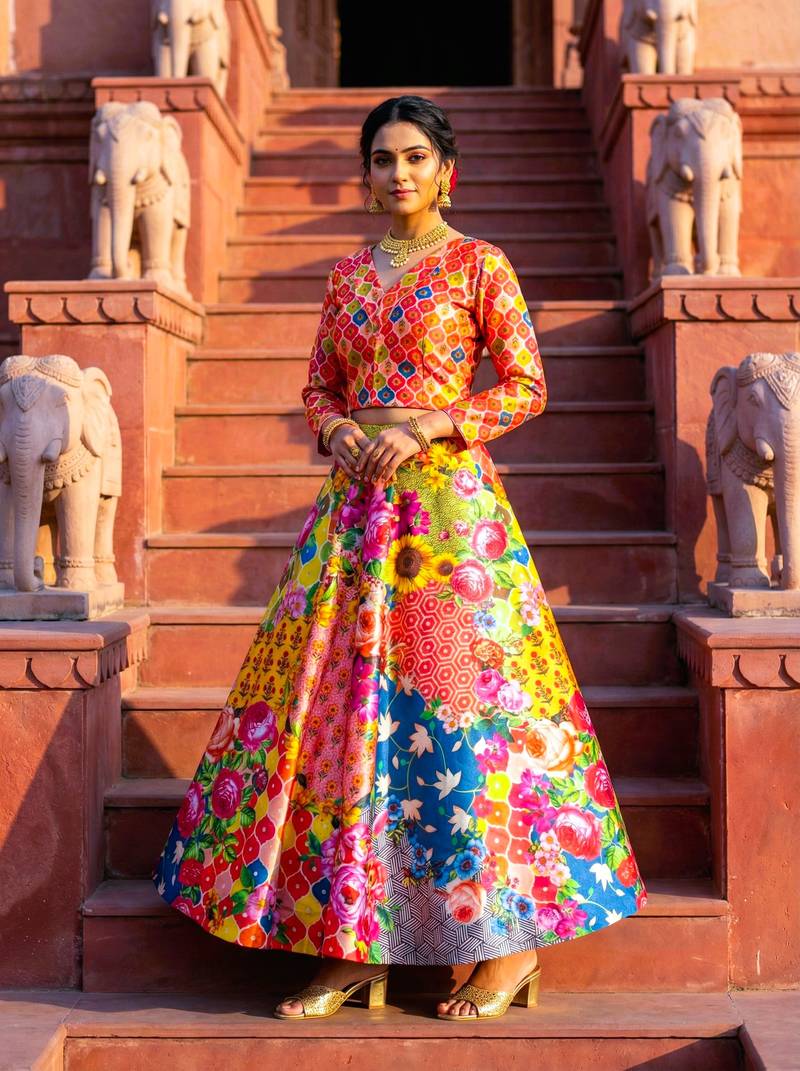 multicolor satin lehenga choli with digital print
