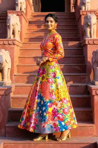 multicolor satin lehenga choli with digital print