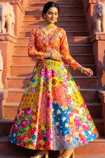 multicolor satin lehenga choli with digital print