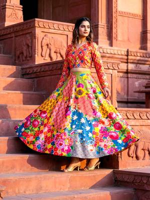 multicolor satin lehenga choli with digital print 4