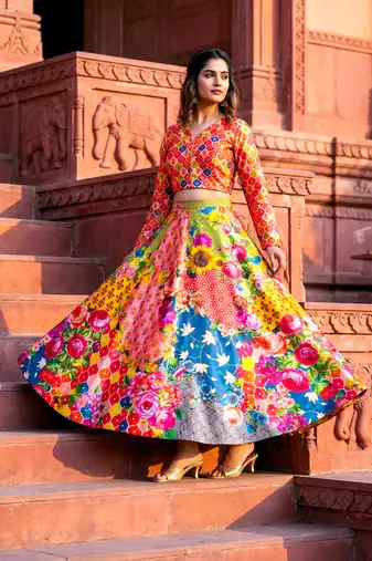 multicolor satin lehenga choli with digital print