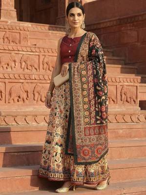 cream satin lehenga choli with kalamkari print 1