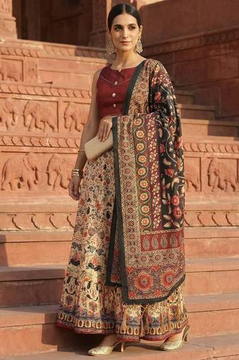 cream satin lehenga choli with kalamkari print