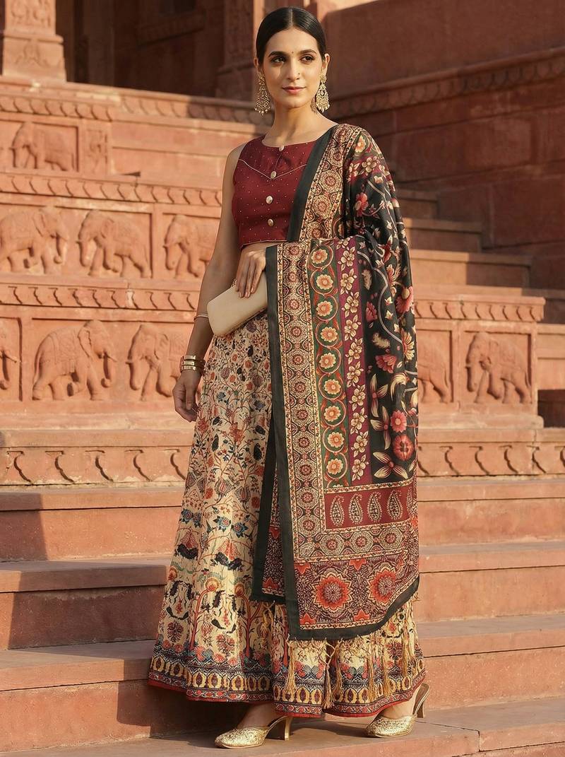 cream satin lehenga choli with kalamkari print