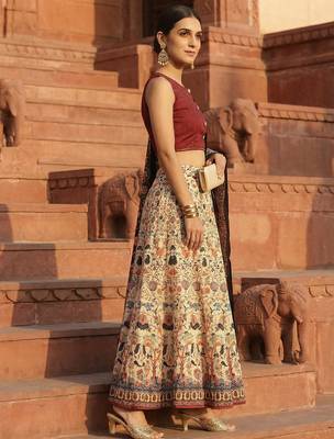 cream satin lehenga choli with kalamkari print 2