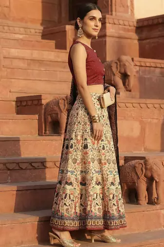 cream satin lehenga choli with kalamkari print
