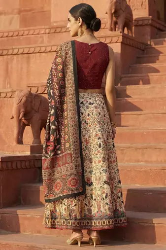 cream satin lehenga choli with kalamkari print