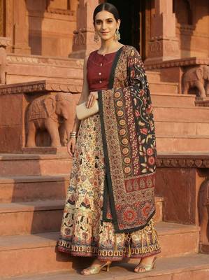 cream satin lehenga choli with kalamkari print 4