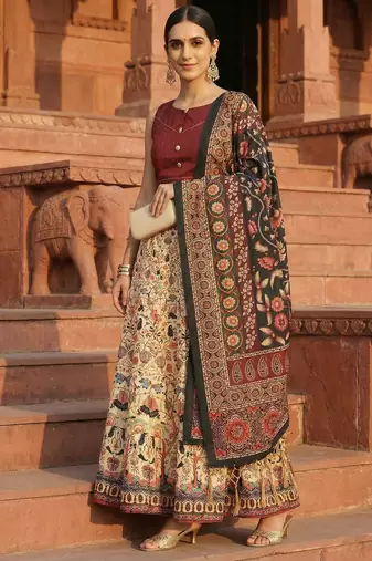 cream satin lehenga choli with kalamkari print