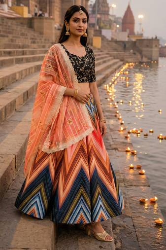 multicolor satin lehenga with embroidered dupatta