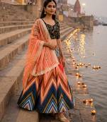 multicolor satin lehenga with embroidered dupatta