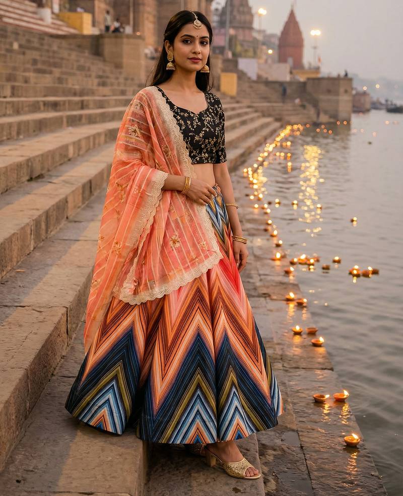 multicolor satin lehenga with embroidered dupatta