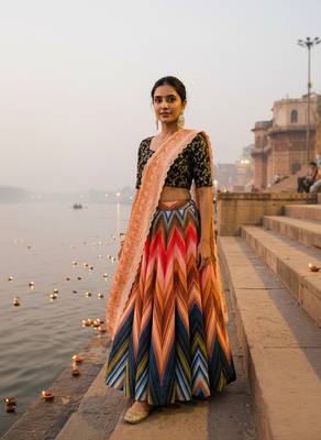 multicolor satin lehenga with embroidered dupatta 2