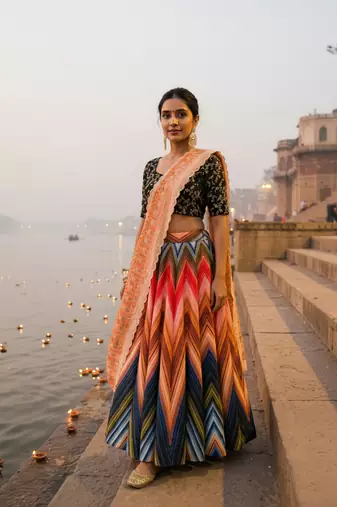 multicolor satin lehenga with embroidered dupatta