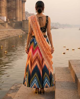 multicolor satin lehenga with embroidered dupatta 3
